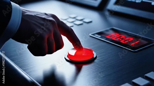 A close-up of a hand pressing a red button on a control panel