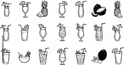 Summer Drinks and Tropical Cocktails Black and White Line Art Set. Hand-drawn Doodle Icons with Pineapple, Coconut, and Various Beverage Glasses for Food Industry