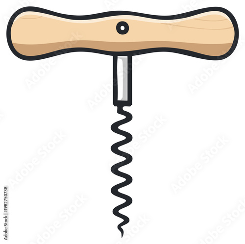 Simple wood handled corkscrew tool for uncorking wine and spirits bottles vector drawing