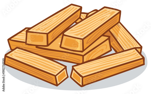 Pile of Cartoon Lumber Pieces Illustration Featuring Stacked Wood with Outline and Grain Texture