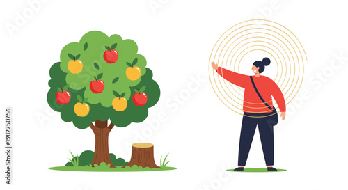 Young woman reaching towards a fruit-bearing apple tree with red and yellow apples next to a small tree stump on the ground.