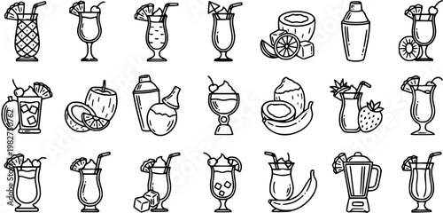 Food  Beverage Tropical Cocktails and Summer Drinks Line Art Icons. Outline Vector Set for Bar, Party, Beach, and Vacation Themes.