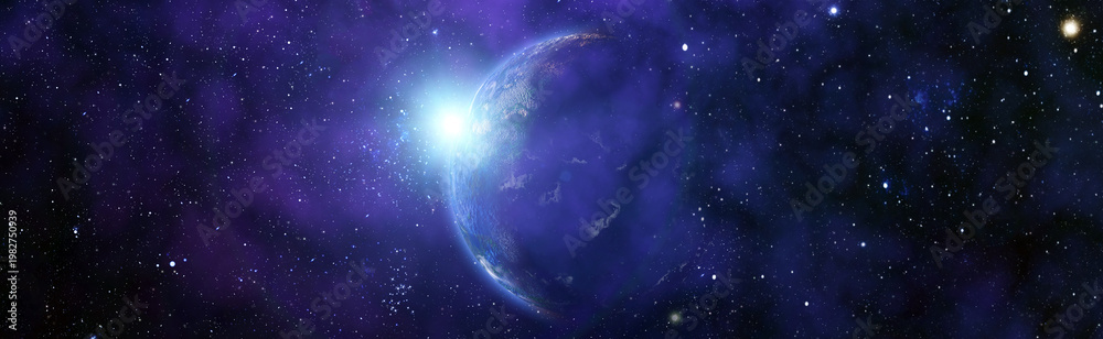 Naklejka premium Captivating space panorama: sunrise over an unknown blue planet against the backdrop of a galaxy and starry nebula