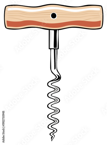 Classic wooden handle corkscrew for opening wine bottles with a metal spiral worm