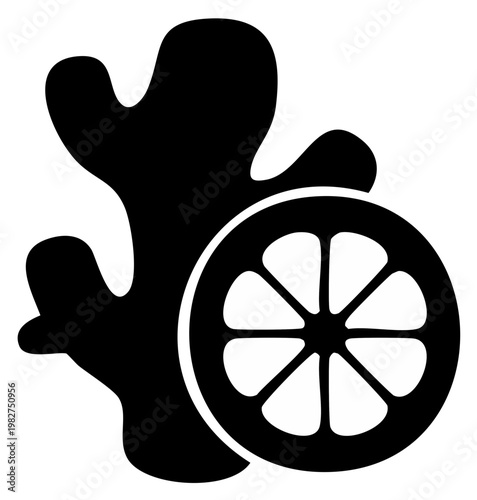 Ginger and lemon slice silhouette, concept of healthy food, wellness design.