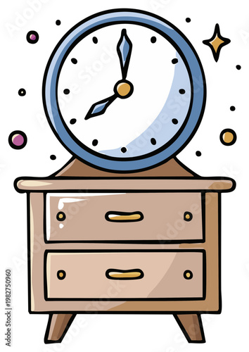 Whimsical cartoon clock on a wooden nightstand with two drawers and playful sparkling dots