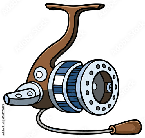 Colorful cartoon illustration of a spinning fishing reel essential equipment for angling and outdoor sport