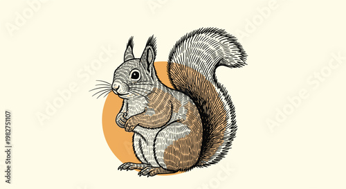 Finely detailed engraving style illustration of a squirrel sitting in a side profile view against a soft orange circular background.