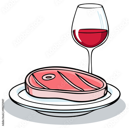 Cartoon Illustration of a Raw Beef Steak and Glass of Red Wine for a Gourmet Dinner