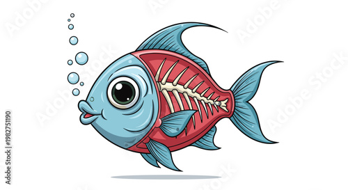 Unique illustration of a blue fish with its internal skeletal structure and muscular system partially visible through a cutaway view.