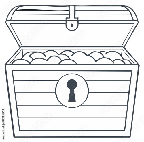 Black and white line art of an open wooden treasure chest filled with gold coins, a simple vector icon