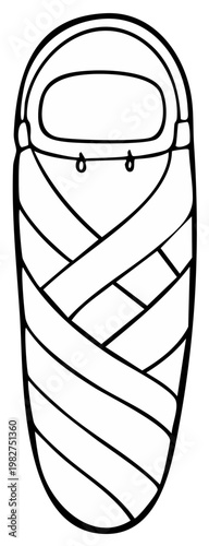 Simple line drawing of a swaddled baby in a sleeping bag