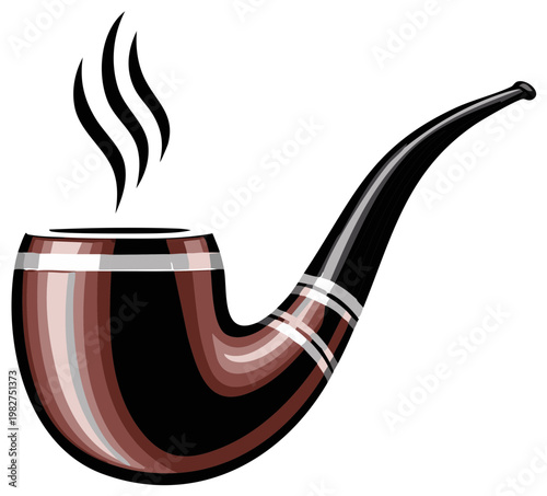 Smoking pipe graphic, black and brown, vector design, classic briar, pipe with smoke rising
