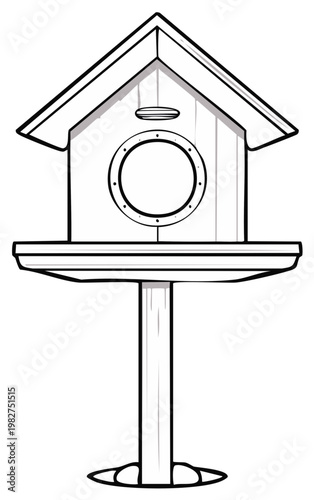 Simple Line Drawing of a Wooden Birdhouse on a Stand for Garden Wildlife