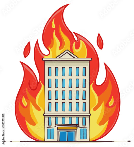Building engulfed in flames illustrates property insurance hazards and the potential consequences of fire damage, emphasizing risk management
