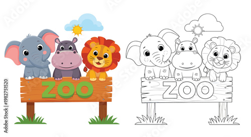 Wooden zoo sign featuring a cute elephant, hippo, and lion shown in both a colorful version and a black and white line art coloring page.