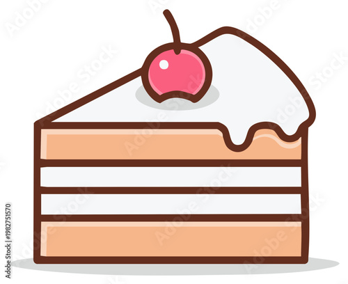 Delicious layered cake slice with creamy white frosting and a vibrant red cherry on top