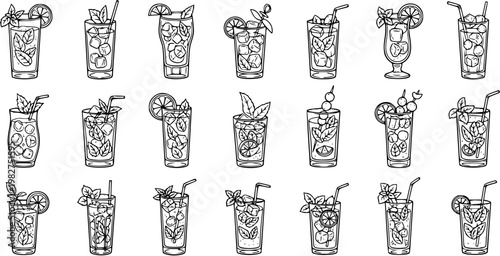 Food and Drink Industry Black and White Line Art Set of Refreshing Summer Cocktails and Beverages with Mint, Lime, and Ice