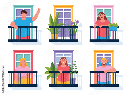 People standing on apartment balconies wave and enjoy the fresh air during a bright sunny morning.