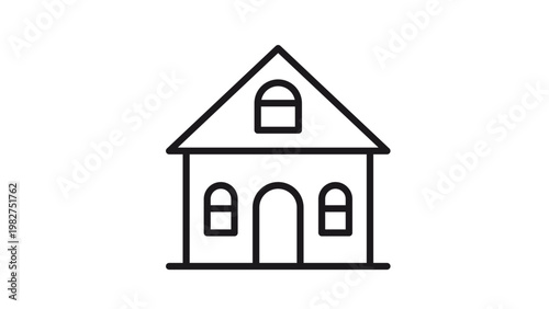 Simple house vector icon with arched door and windows, minimalist black line art illustration of a residential home building, scalable graphic symbol for real estate or architecture design.