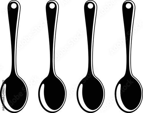 Four black silhouette spoons lined up, isolated on white, kitchenware, utensil, simple design