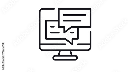 Minimalist black line vector icon illustration of a computer monitor with overlapping speech bubbles, symbolizing online chat, digital communication, customer support, and messaging services.