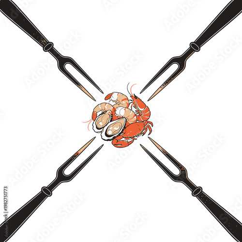 Four meat forks arranged in a cross shape surrounding a pile of cooked seafood and meat, suggestive of a banquet or feast