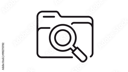 Vector icon illustration of a file folder with a magnifying glass, representing document search, data discovery, and file management in a clean, minimalist black line art style on white.