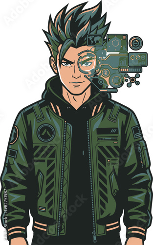 Pixel art portrait of a young man with cyberpunk enhancements, wearing a bomber jacket, digital interface overlay on face