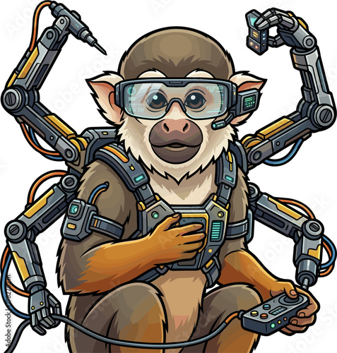 Pixel art squirrel monkey wearing augmented reality goggles and a futuristic robotic exoskeleton with multiple arms, holding a controller