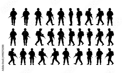 Silhouettes of soldiers in various poses representing military personnel and combat.
