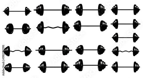 Collection of assorted dumbbells with various weights and shapes on white background for fitness and workout concepts