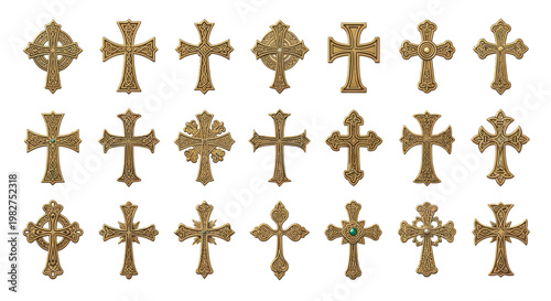 Collection of Ornate Golden Crosses on White Background