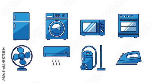 Set of blue vector household appliance icons representing various essential machines used for daily domestic chores