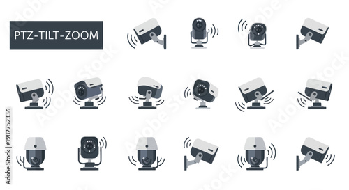 PTZ Tilt Zoom Security Camera Icons Set
