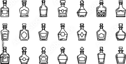 Black  White Line Art Icons of Various Liquor Bottles for Drinks and Beverage Industry