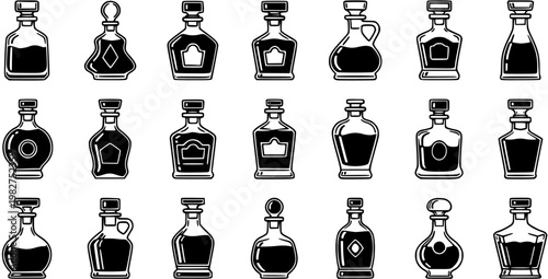 Alcoholic Beverages Glyph Icons Set: Collection of Black and White Liquor Bottles and Spirit Decanters for Distillery, Bar, and Drink Menu Design.