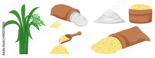 Set of proso grains, cereal products, and crops harvested in jute bags. flour, grain pile collection