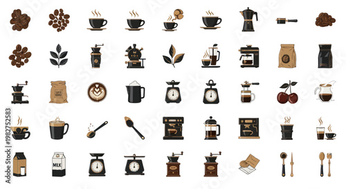 Coffee Icons: Beans, Cups, Machines, Grinders, Cherries, and Brewing Equipment