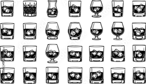 Black and White Line Art of Assorted Whiskey Glasses with Ice Cubes - Alcohol Beverage Vector