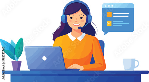 Customer service representative with headset working on laptop. vector illustration