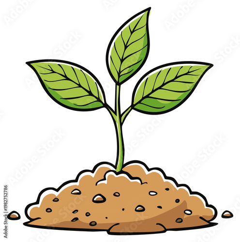 Young growing plant emerging from soil, cartoon style illustration