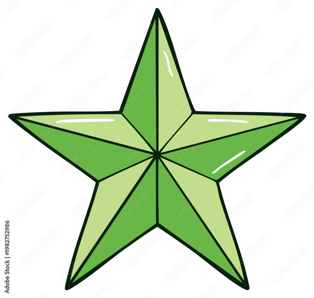 Obraz premium Green five pointed star with shiny highlights and thick outlines