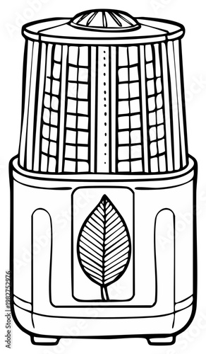 Hand Drawn Outline of a Modern Ultrasonic Aroma Diffuser with Leaf Symbol and Vertical Slats