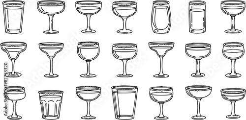 Black and White Line Art of Assorted Empty Drink Glasses and Goblets on White Background