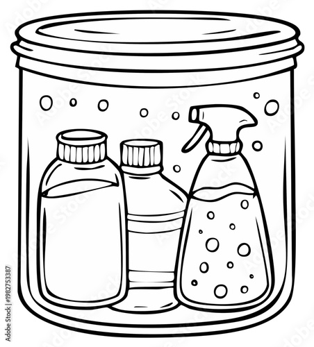 Cartoon drawing of cleaning supplies in a jar, including spray bottle and bottles of liquid