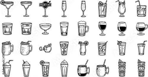 Black and White Line Art Icons of Assorted Alcoholic and Non-Alcoholic Drinks and Cocktails