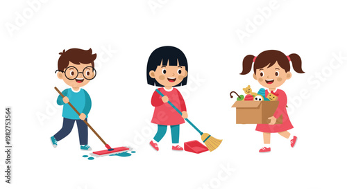 Three cooperative young children working together to mop the floor, sweep with a broom, and put toys into a storage box in the classroom.