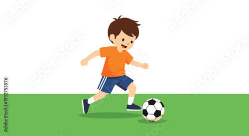 Energetic young boy in an orange shirt and blue shorts playing soccer on a green grass field with high spirit on a clean white background.