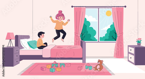 Energetic young girl jumping on a bed while a boy sits and watches in a colorful pink and purple bedroom full of toys and decorations.